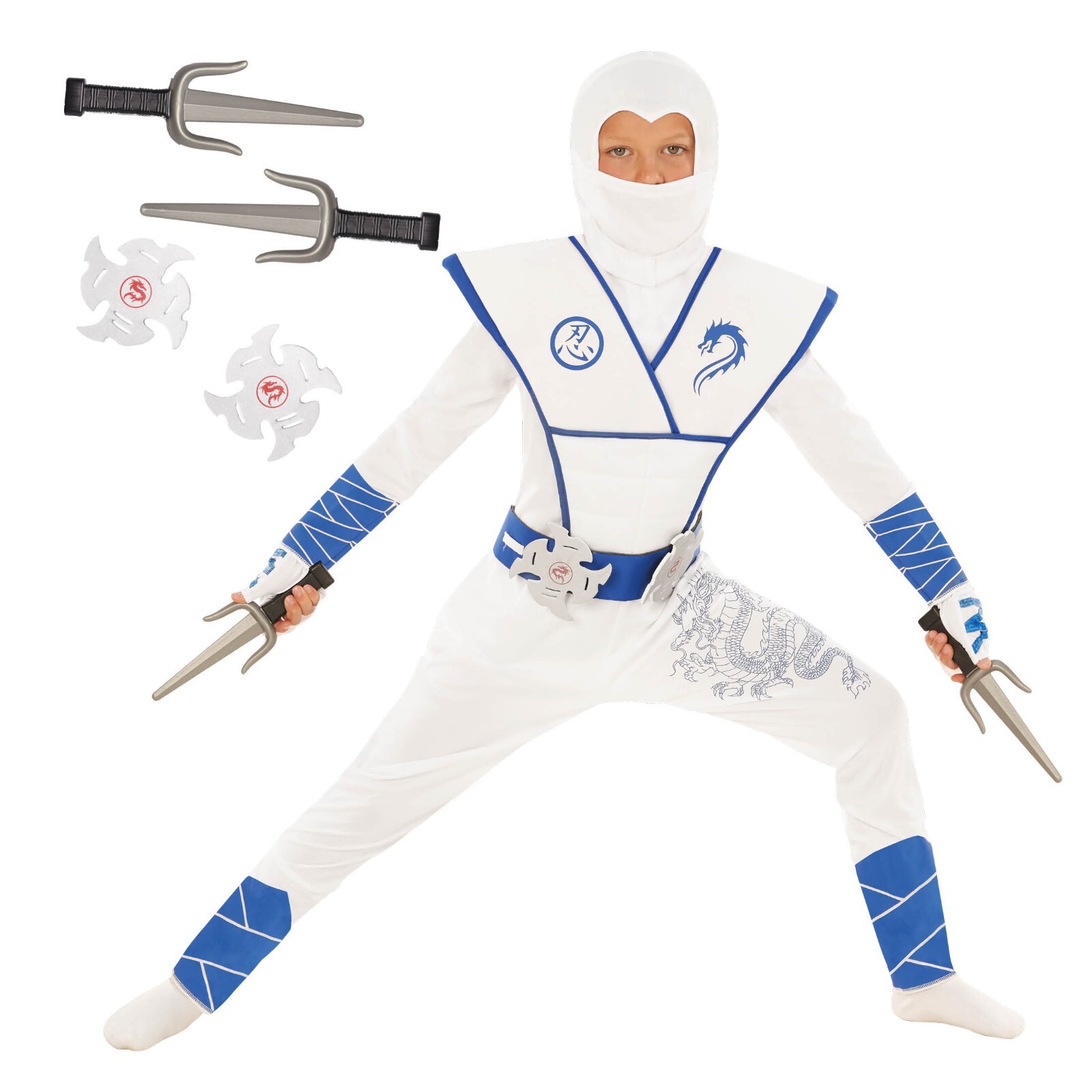 Kids White & Blue Ninja Costume + Toys Boys Girls Samurai Warrior Suit Halloween