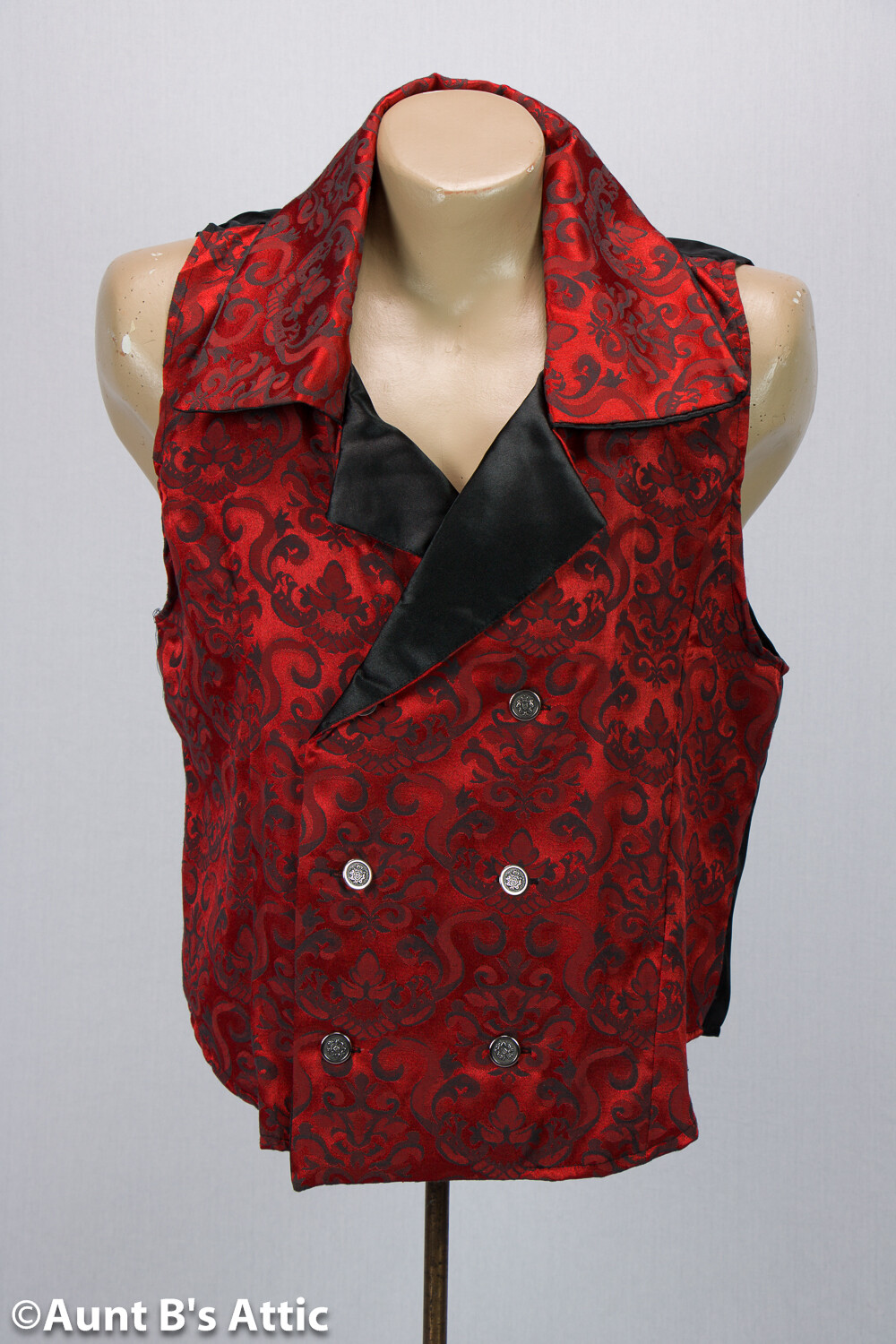 Victorian/Gothic Vest Full Back Red Brocade/Blk Poly Satin Double Breasted Vest