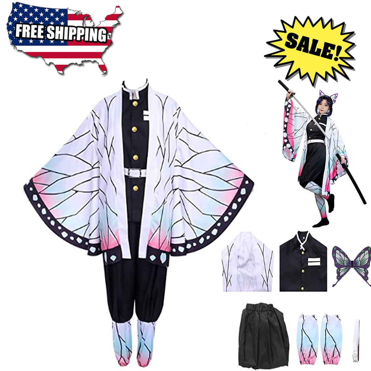 Full Set Demon Slayer Kochou Shinobu Cosplay Costume Outfit W/ Sword Shoes Wig