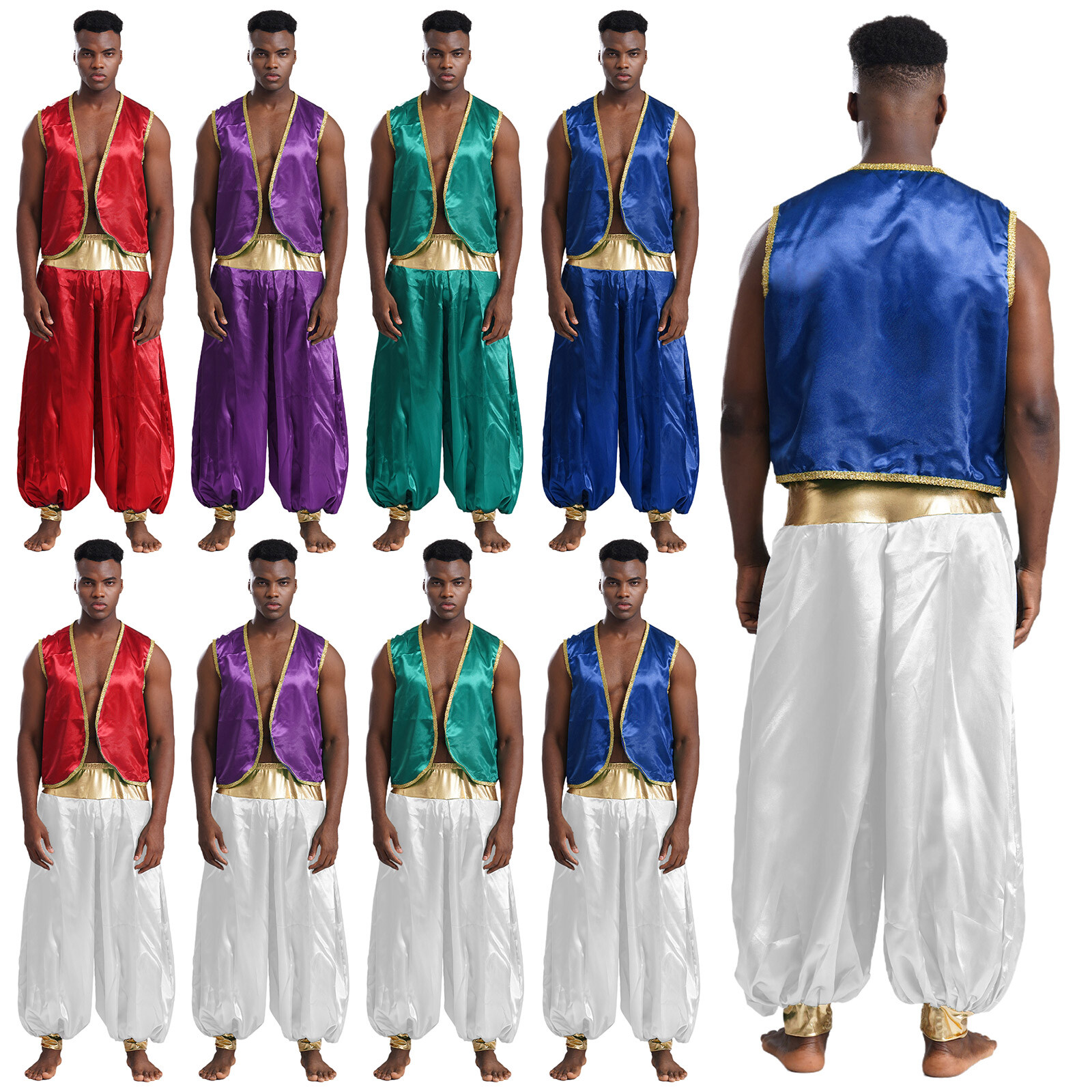 US Men’s Arabian Prince Open Front Waistcoat Vest Lantern Pants Halloween Outfit