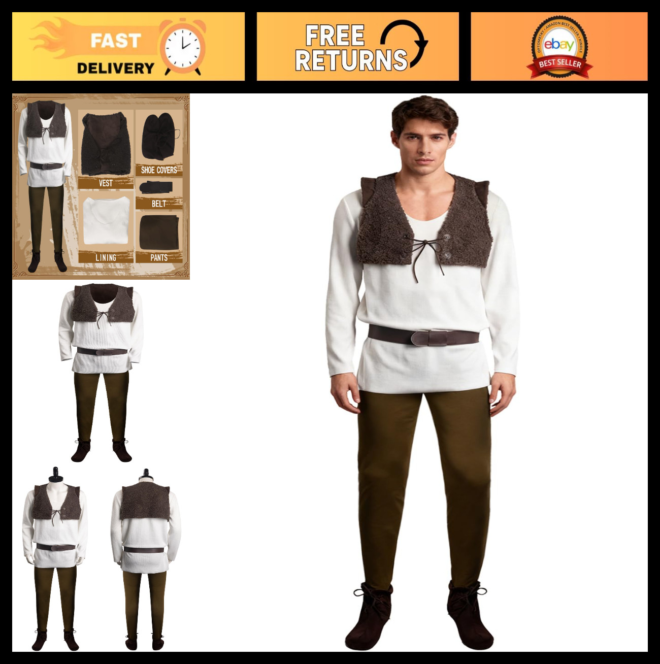 Men’s Costume Outfit – Shirt, Vest & Pants Set for Cosplay, Halloween Party