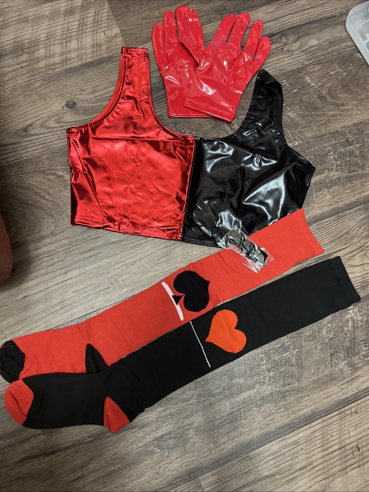 Party King XXL Women’s RED & Black Harlequin Halloween Costume Top Gloves Socks