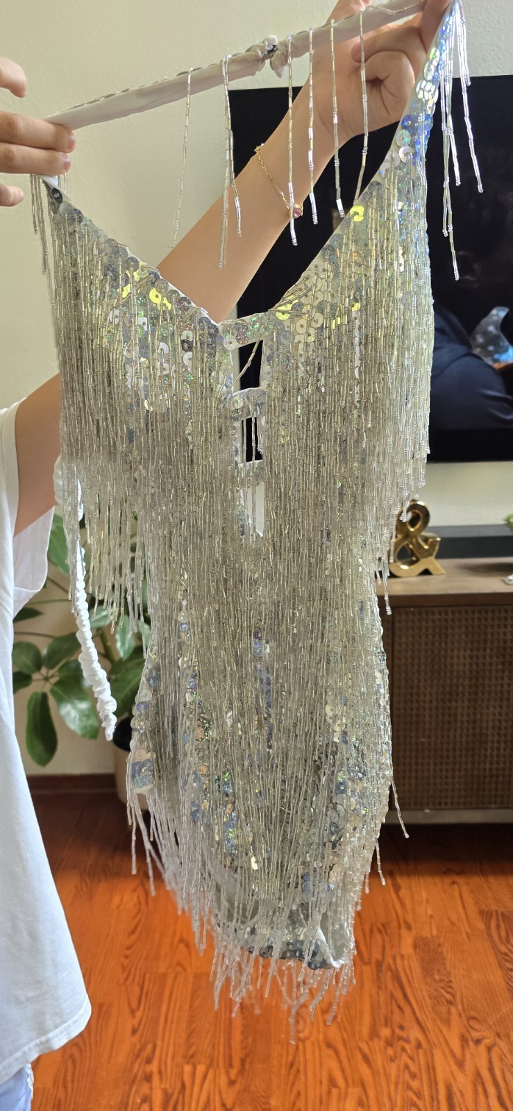 Silver Sequin Bead Fringe Performance Bodysuit Adult L Pop Star Stage Costume