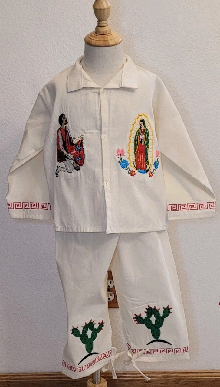 Traje Sz 4 de Manta Virgen De Guadalupe Y Juan Diego 2 Pcs Kids Embroidery Cotto