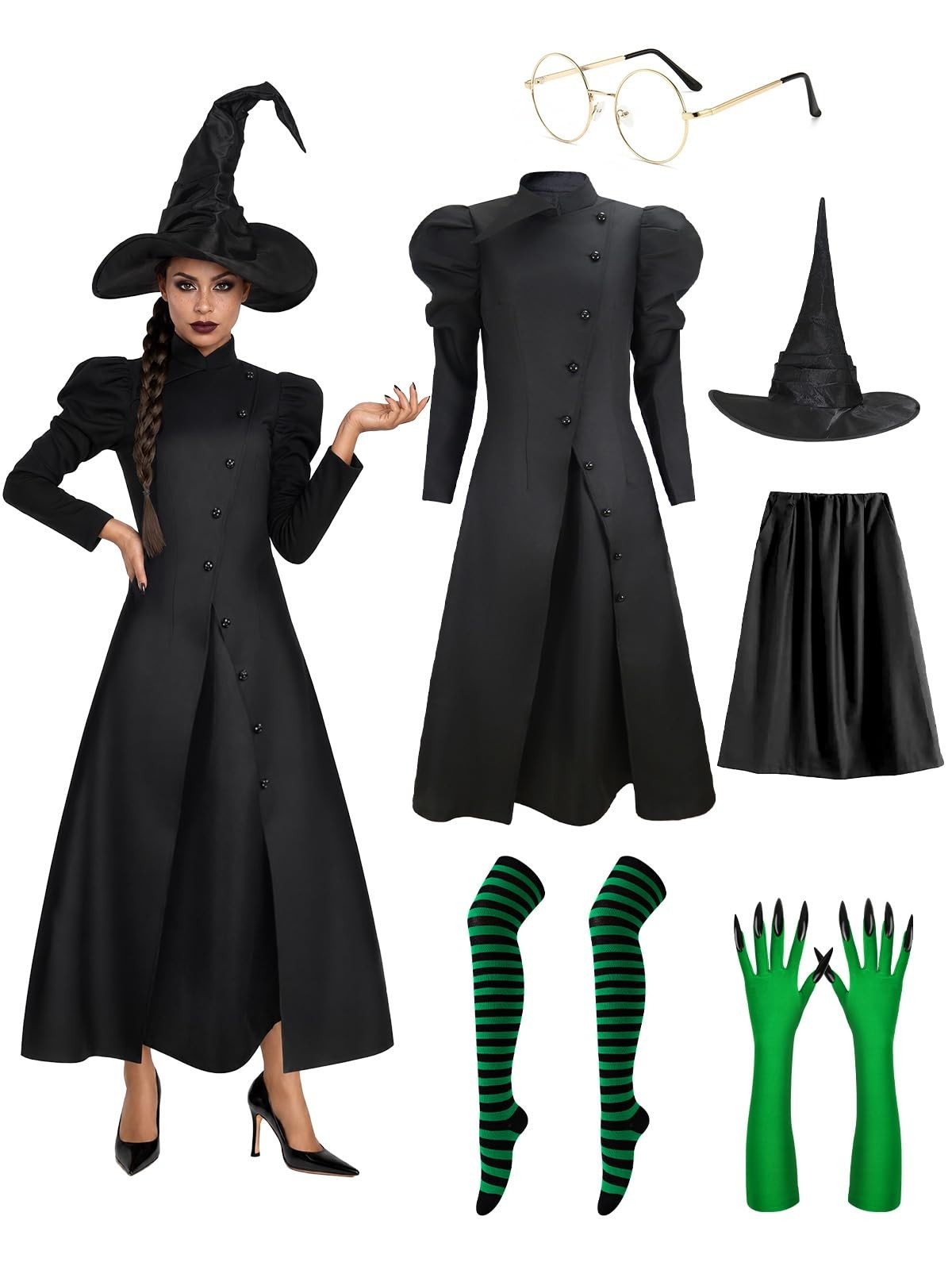Adult Halloween Witch Costume – Black Dress, Hat & Green Gloves Cosplay Outfit