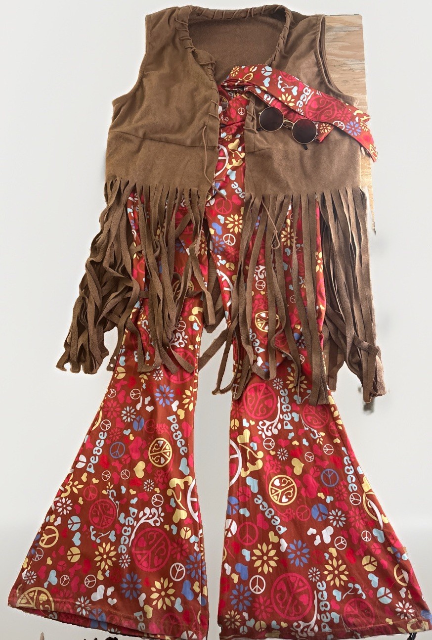 Adult M/L Hippie Costume Fringe Vest, Bell bottoms, Scarf, Sunglasses