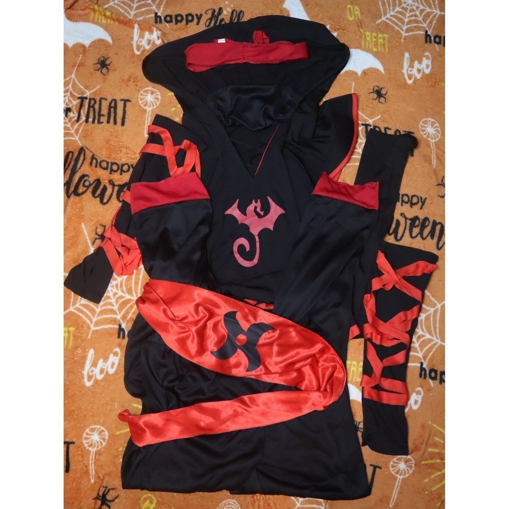 Spooktacular Creations Women Ninja Costume Black Red Dragon Hooded Medium Set