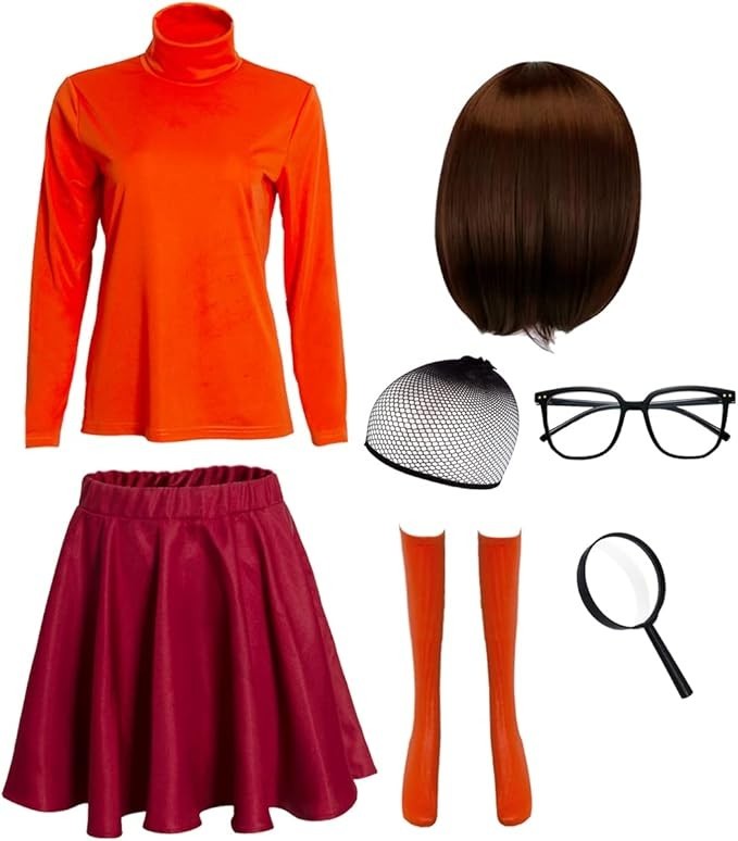 Womens Velma Costume Set XL Sweater Skirt Wig Glasses Socks Halloween Cosplay