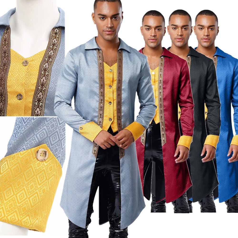 Men Coat Frack Jacket Printing Tailcoat Steampunk Walking Skirt Halloween Fancy
