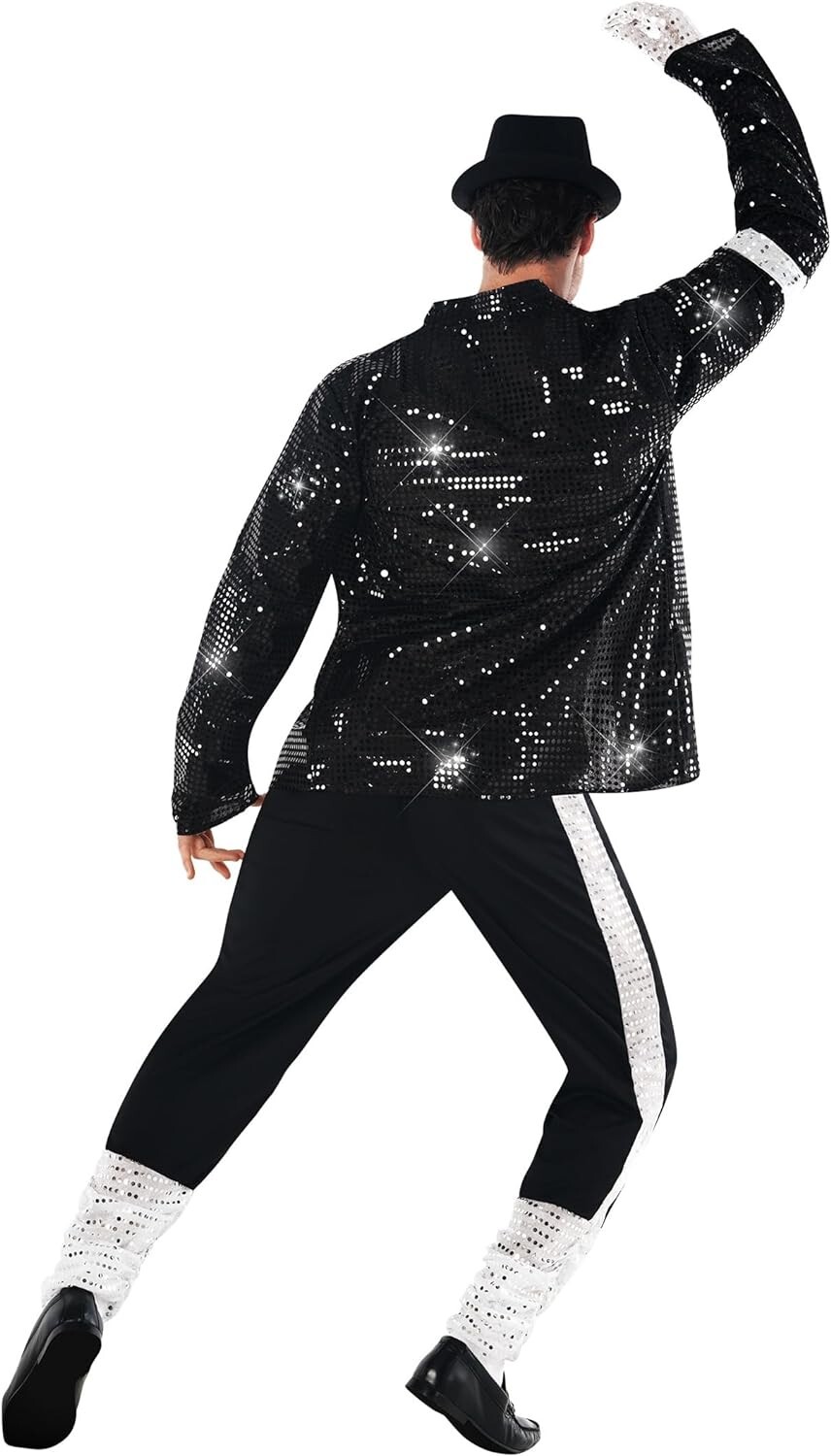 Men`s King of Pop Costume Adult 80s MJ Moonwalking Popstar Black Outfit M – 3XL
