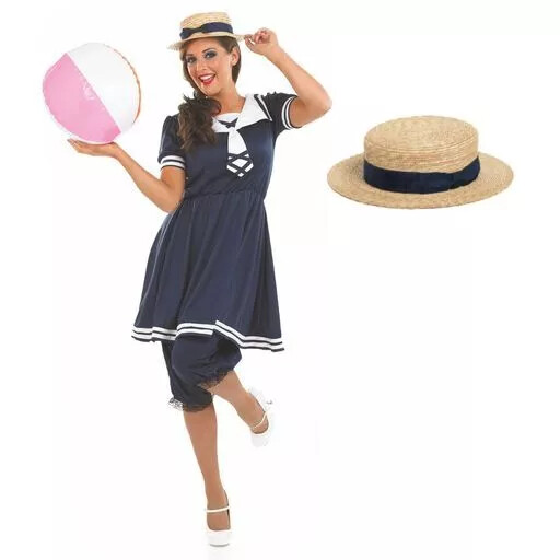 Women`s Blue Old Fashioned Bathing Costume Ladies 1920s Beach Swimsuit S – XXL