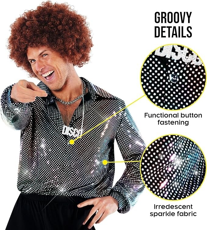 Men`s Silver Disco Dude Shirt Adult 1970s Dance Costume Retro Outfit S – 3XL
