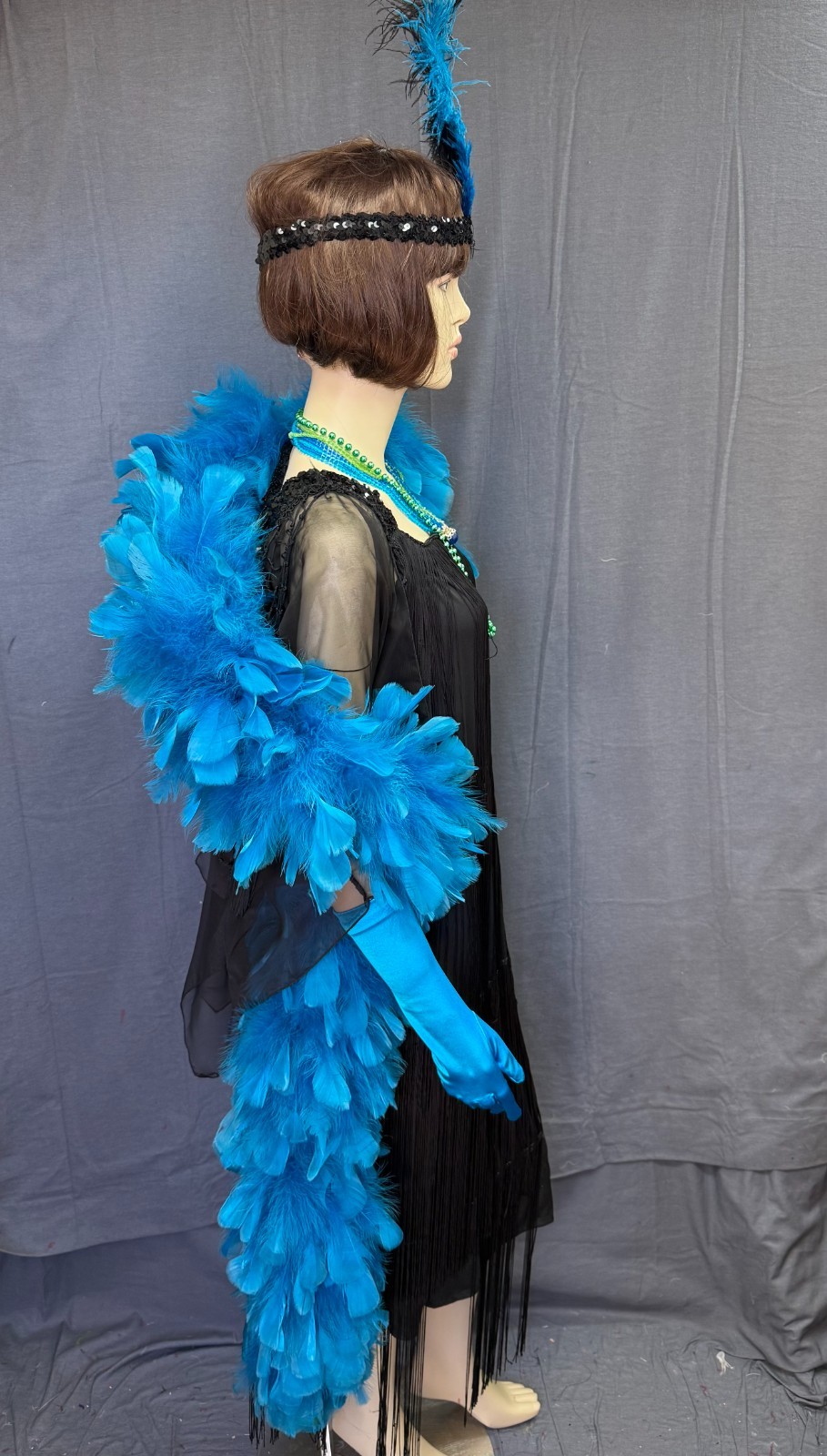 “Great quality” Black flapper with turquoise boa- Adult “one size fits most”