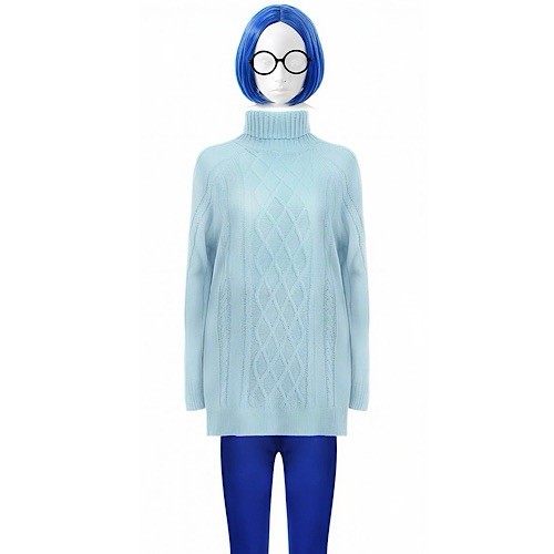 Inside Out Sadness Costume Cosplay Women’s Size M Blue Wig Glasses Sweater Tight