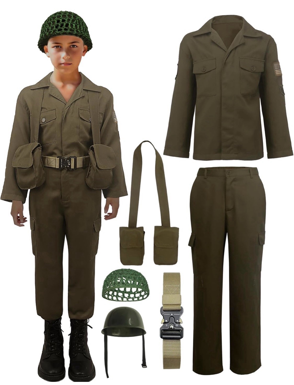 Kids WW2 Soldier Costume Set 6pc Army Green Cosplay 3XL Age 13-14