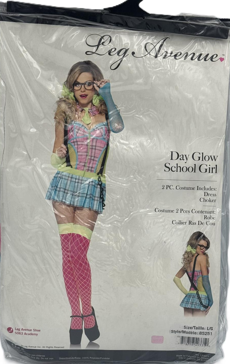 Day Glow School Girl Adult Women’s Alluring 2 pc Costume, Multi Color, L, 12/14