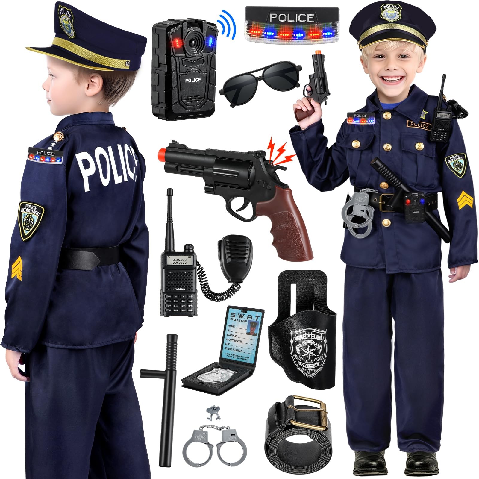 Kids Police Costume with Uniform, Recorder, Lights – Halloween Role Play Kit