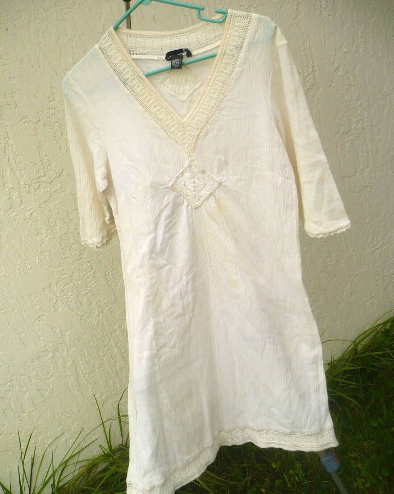HIPPIE COSTUME IVORY GAUZE CROCHET DRESS FESTIVAL LACE HALLOWEEN M MADE IN INDIA