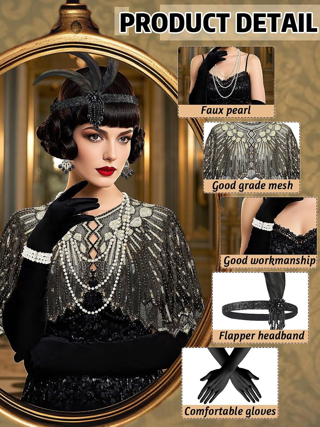 9 Pcs 1920S Flapper Gatsby Accessories Set for Women Tea Party Outfit Black |
