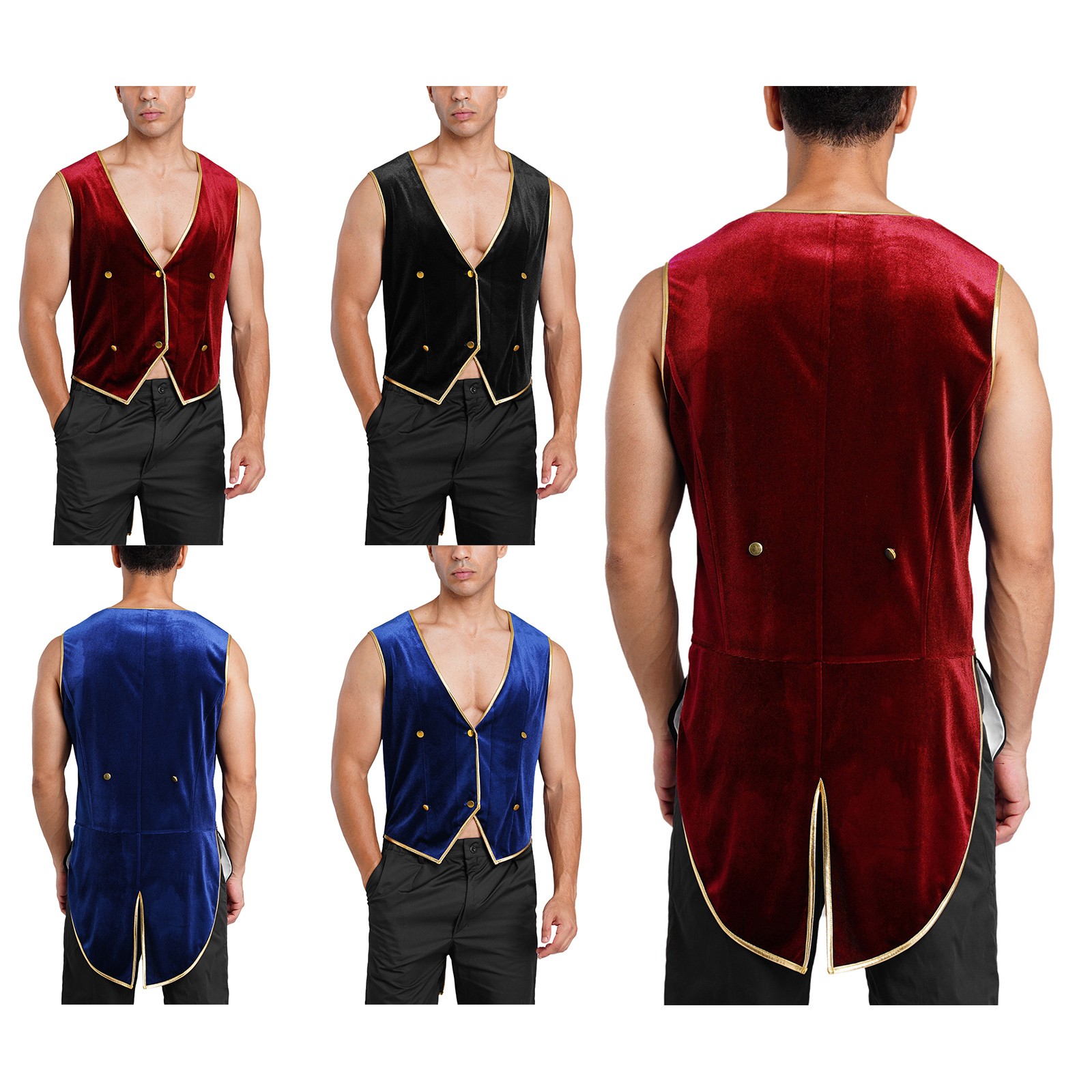 Men Medieval Velvet Tailcoat Vest V Neck Button-down Blazer Waistcoat Party Top