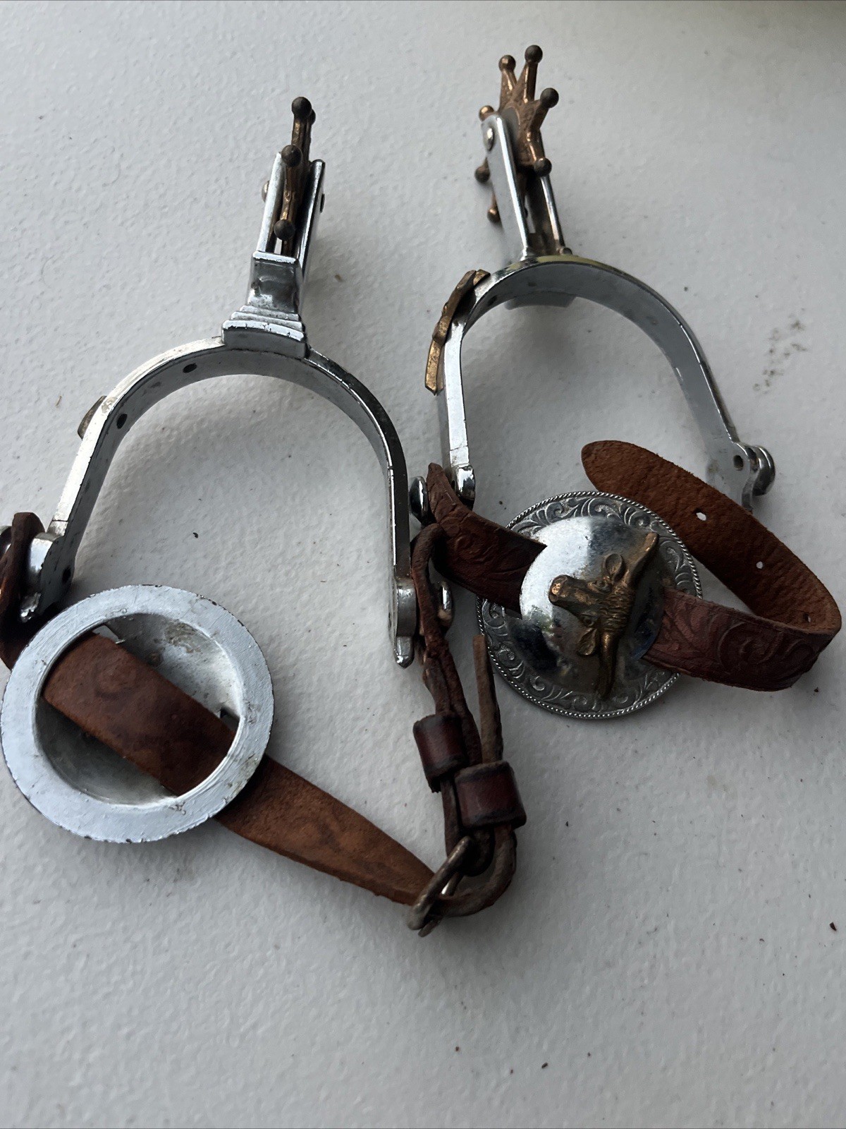 Western Cowboy Spurs Leather Straps Silver & Copper Horse Riding Equestrian