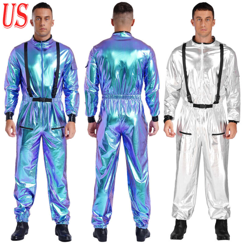 US Mens Metallic Astronaut Role Play Outfit Halloween Cosplay Costume Jumpsuit