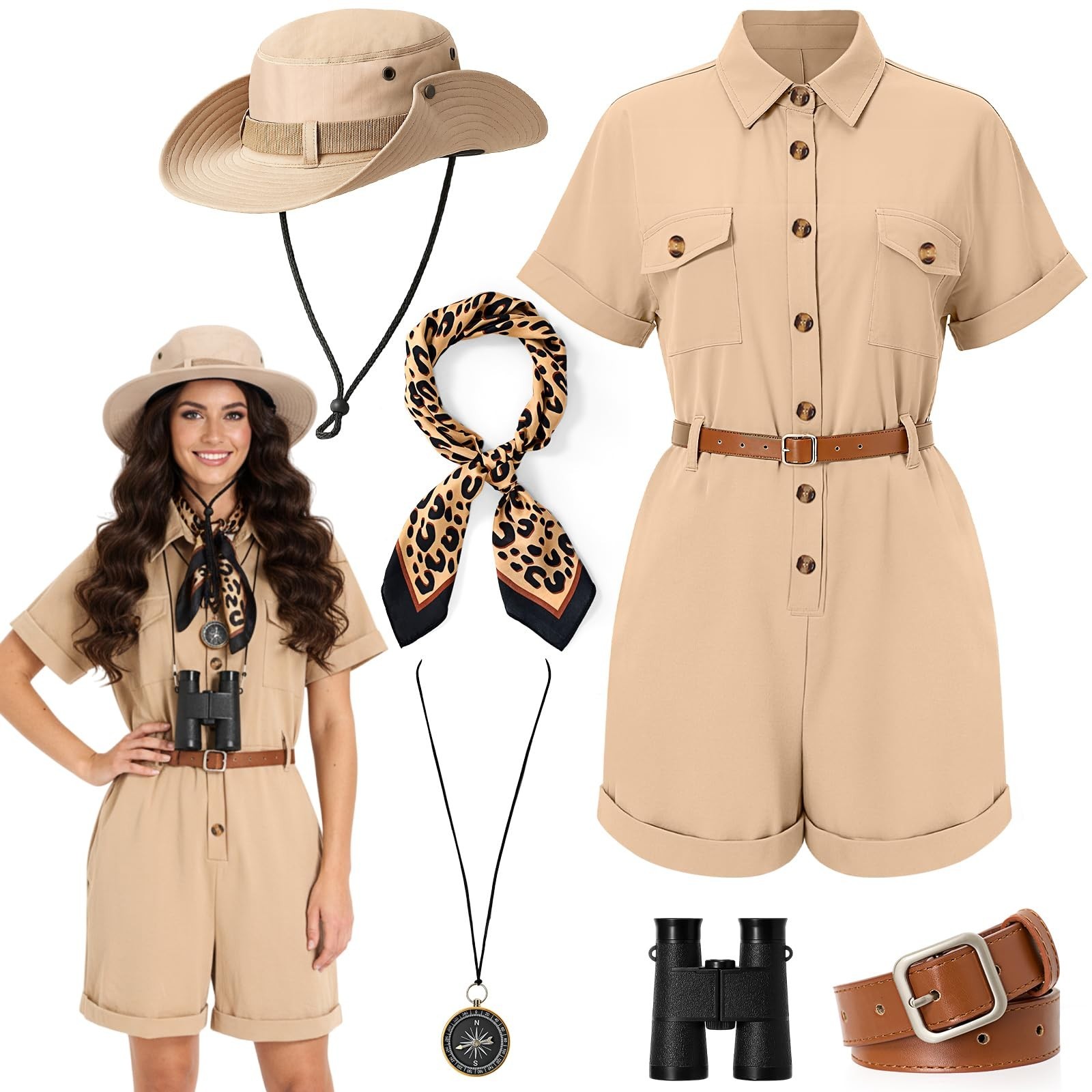 6 Pcs Women’s Safari Costume Set – Outfit, Hat, Belt, Scarf, Binoculars & Compas
