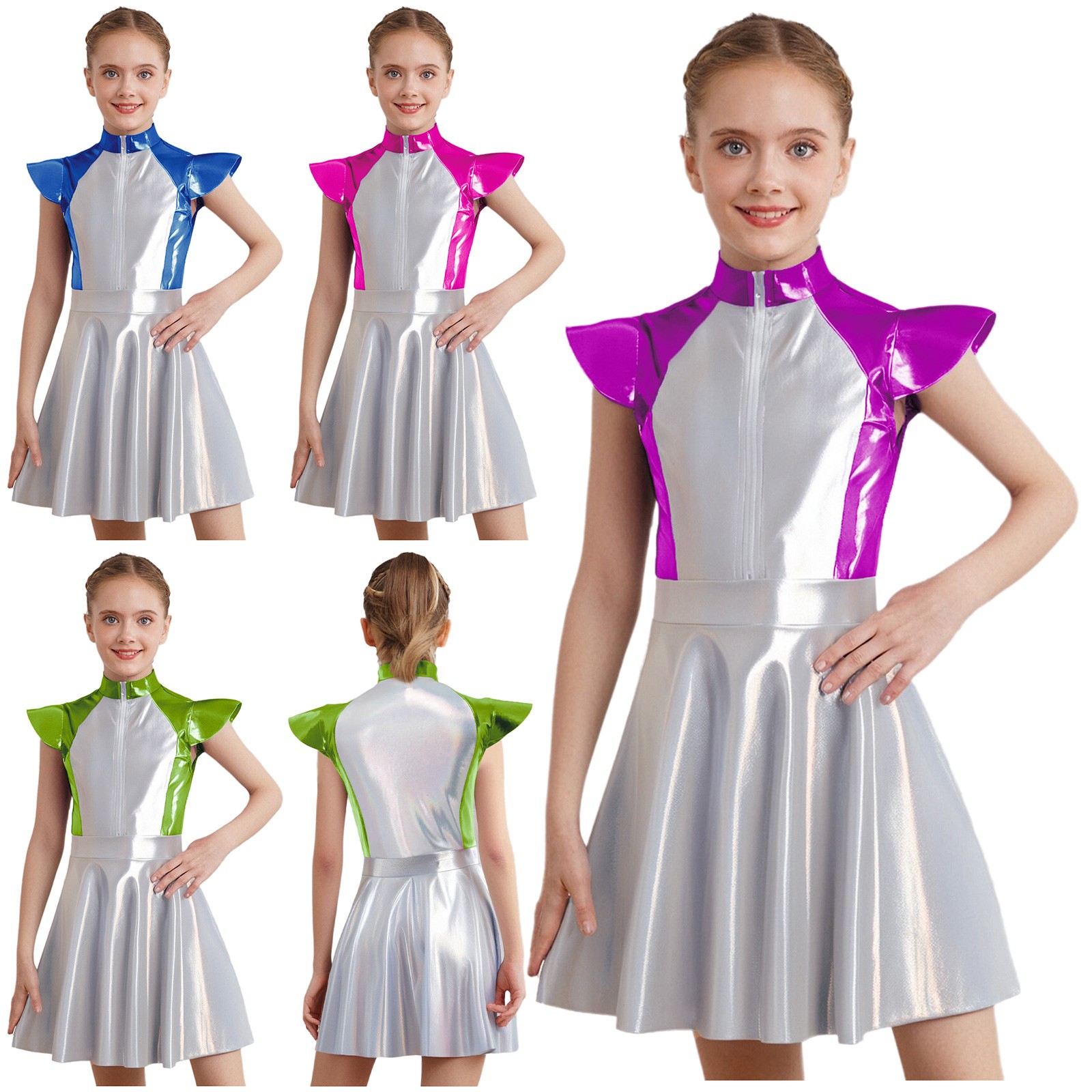Girls Outer Space Alien Robot Cap Sleeve Metallic Party Stage Performance Dress