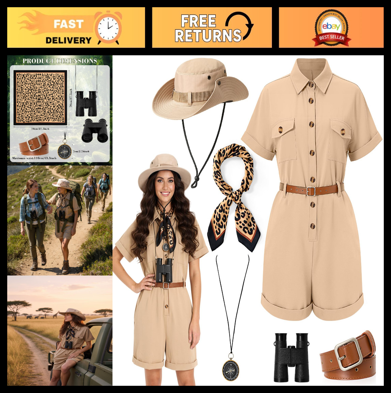 6 Pcs Women’s Safari Costume Set – Outfit, Hat, Belt, Scarf, Binoculars & Compas