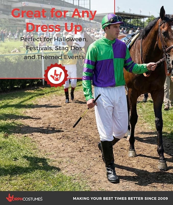 Men`s Green & Purple Jockey Costume Adult Horse Racing Rider Uniform S – XL