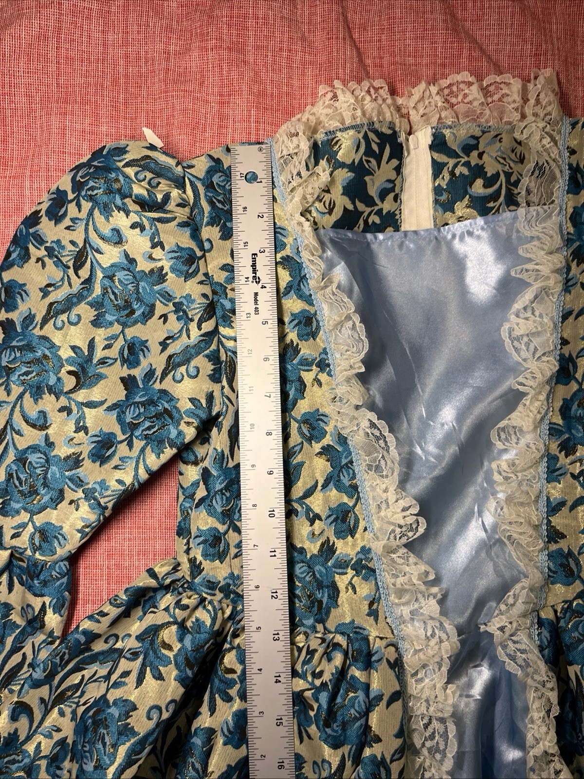 Handmade Costume Dress Girl Size 10-12 Gold Teal Brocade Lace Blue Satin