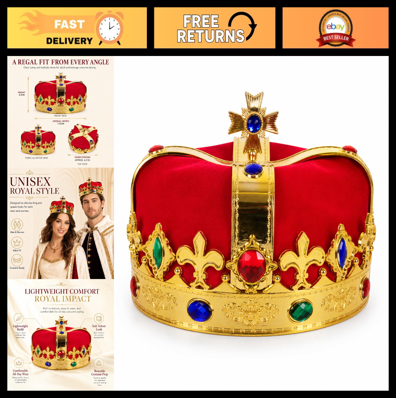 Gold King Crowns for Men & Women – Medieval Plastic Headpiece for Halloween, Cos