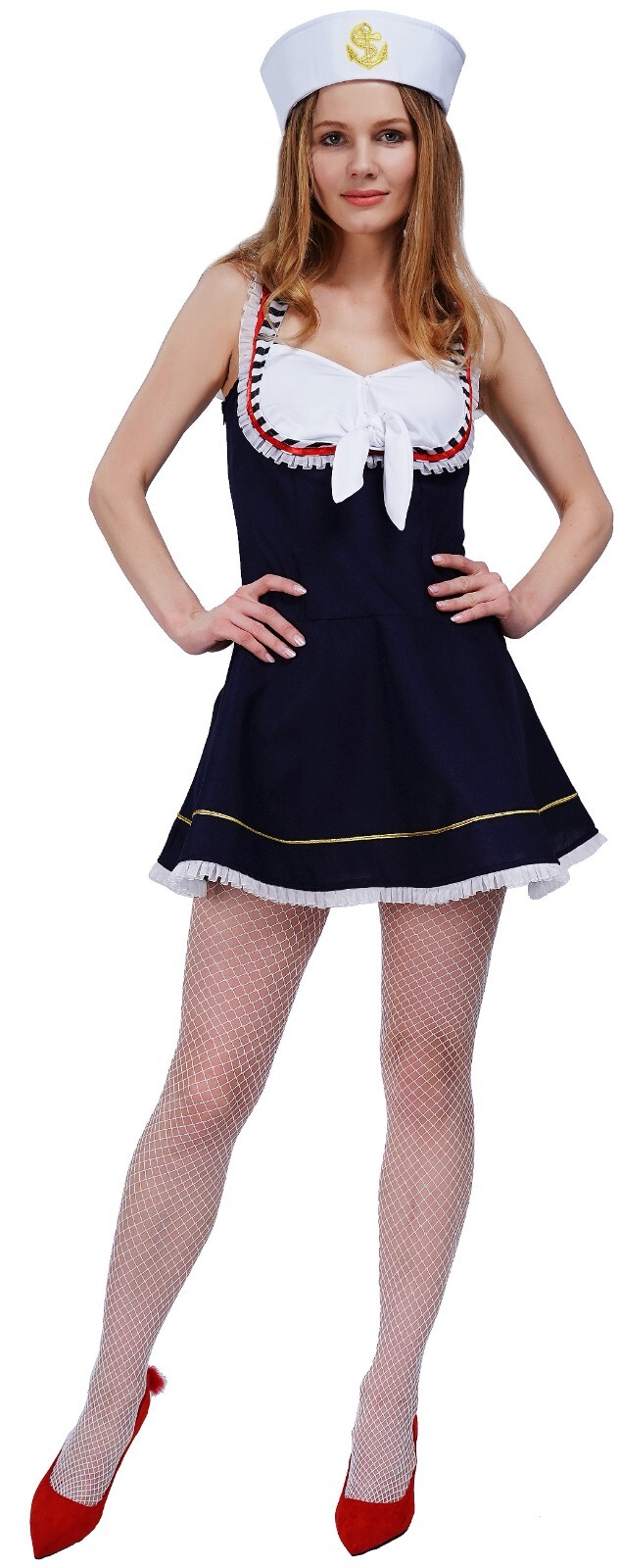 Blue Sailor Dress White Anchor Hat Women Halloween Costume