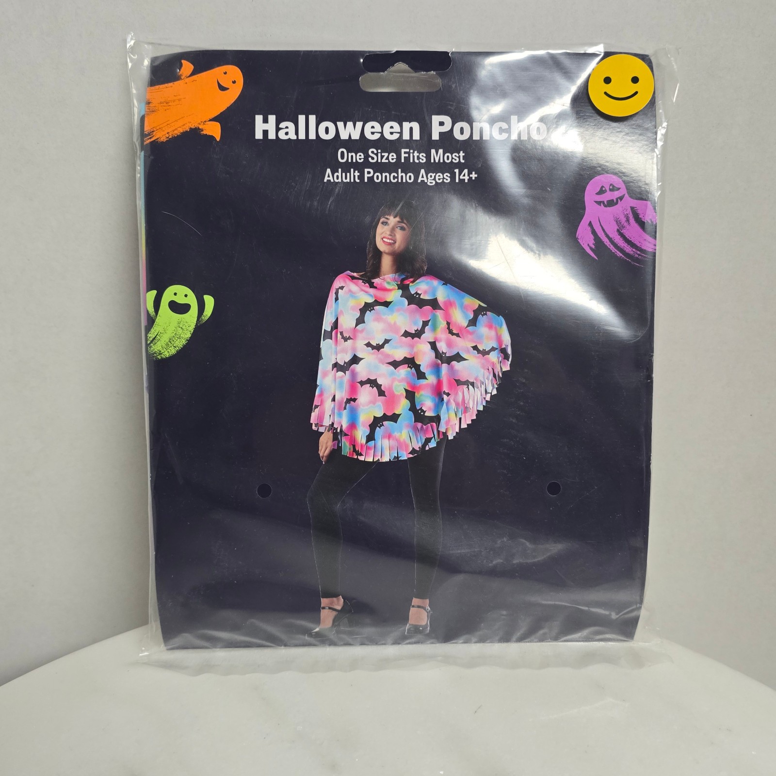 Womens Halloween Poncho OSFM Tye-Dye with Bats Fringed – Great For Halloween 🎃