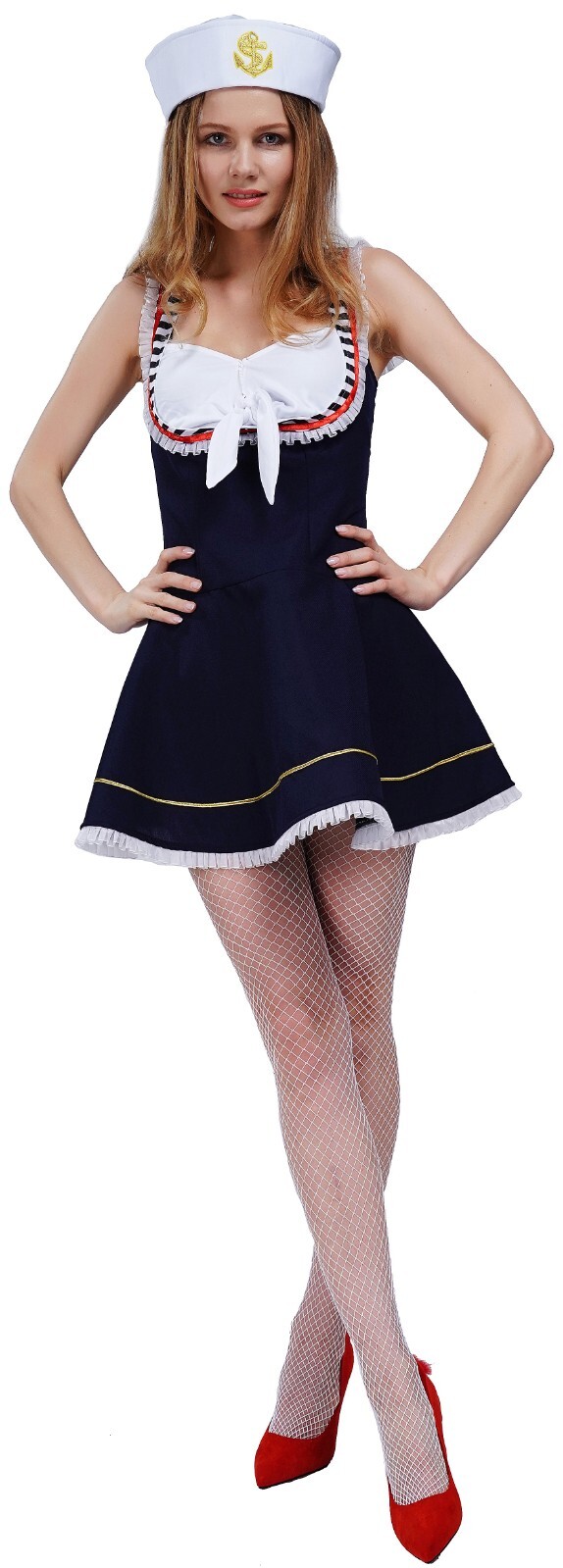 Blue Sailor Dress White Anchor Hat Women Halloween Costume