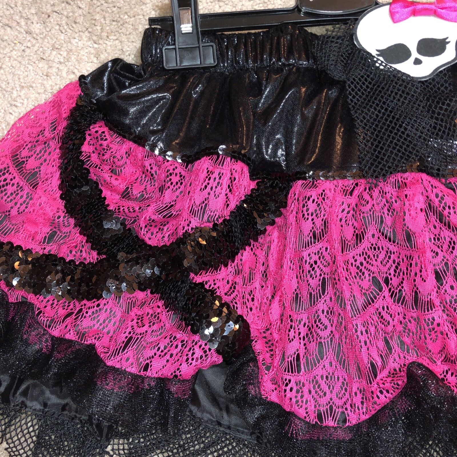 Monster High Girls Skirt Tutu Costume Skull with Bow Black Pink Sequin