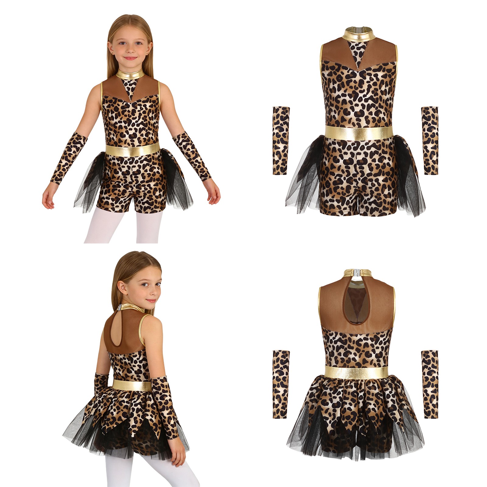 US YiZYiF Girls Caveman Outfits Metallic Dance Bodysuit +Gloves Cavegirl Sparkle