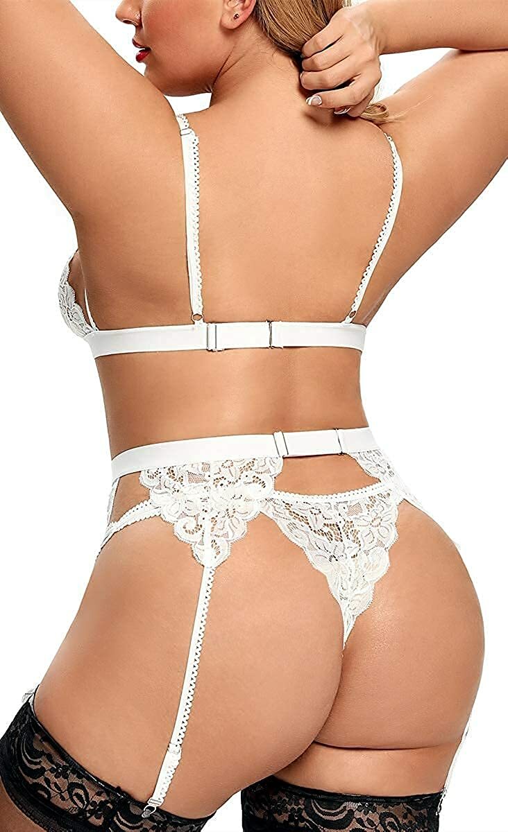 Women Plus Size Lingerie Set with Garter Belt 3 Piece Sexy Strap Bra&Panty Teddy