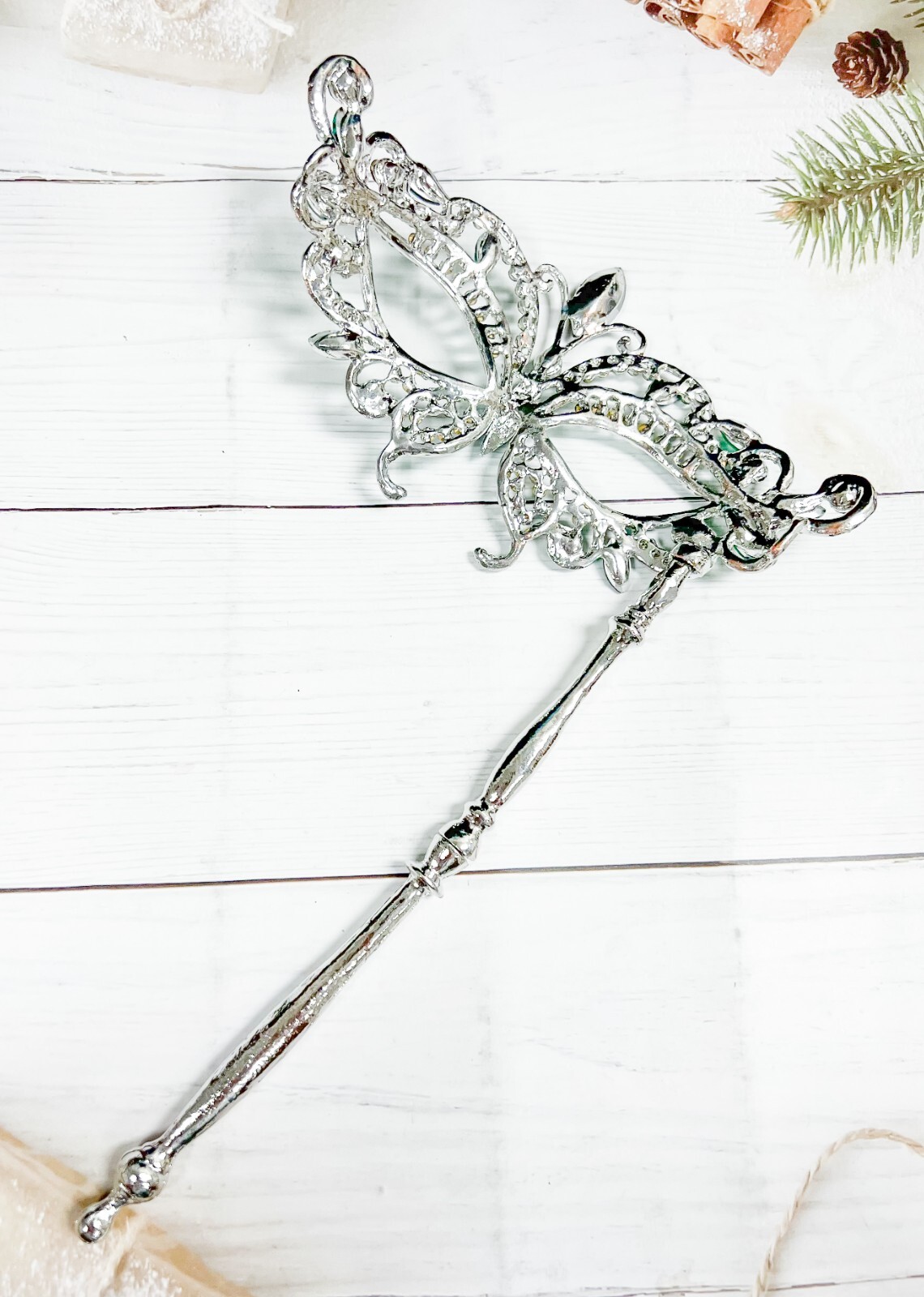 Masquerade Mask with Stick, Wedding Party Silver Mask, Prom Green Crystal Mask