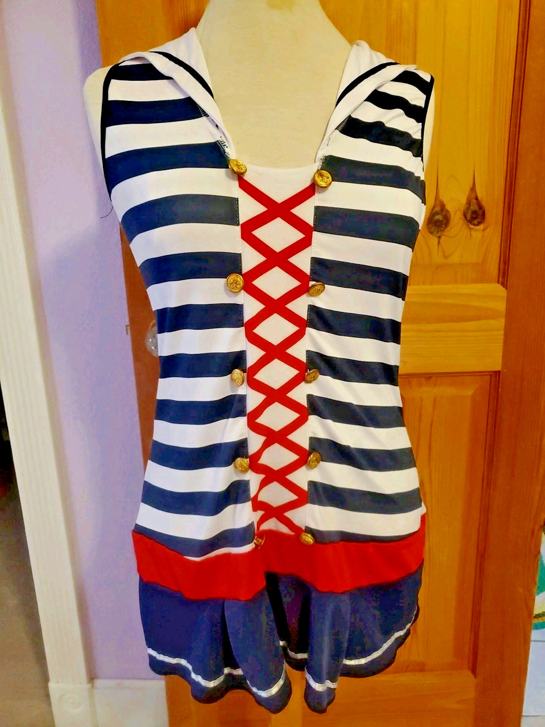 White Sailor Costume Dress & Knee Highs Garters Stockings Red Blue MEDIUM Stripe