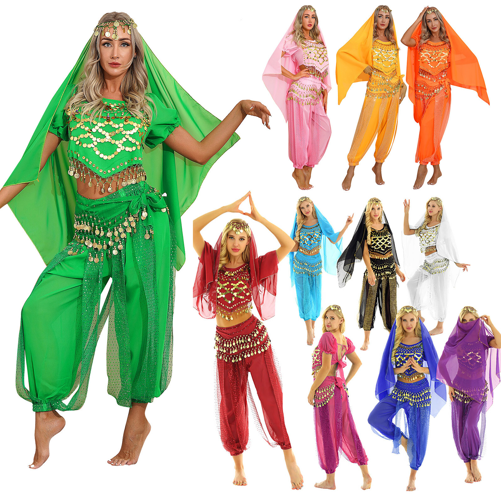US Womens 4Pcs India Belly Dance Outfits Halloween Arab Princess Cosplay Costume