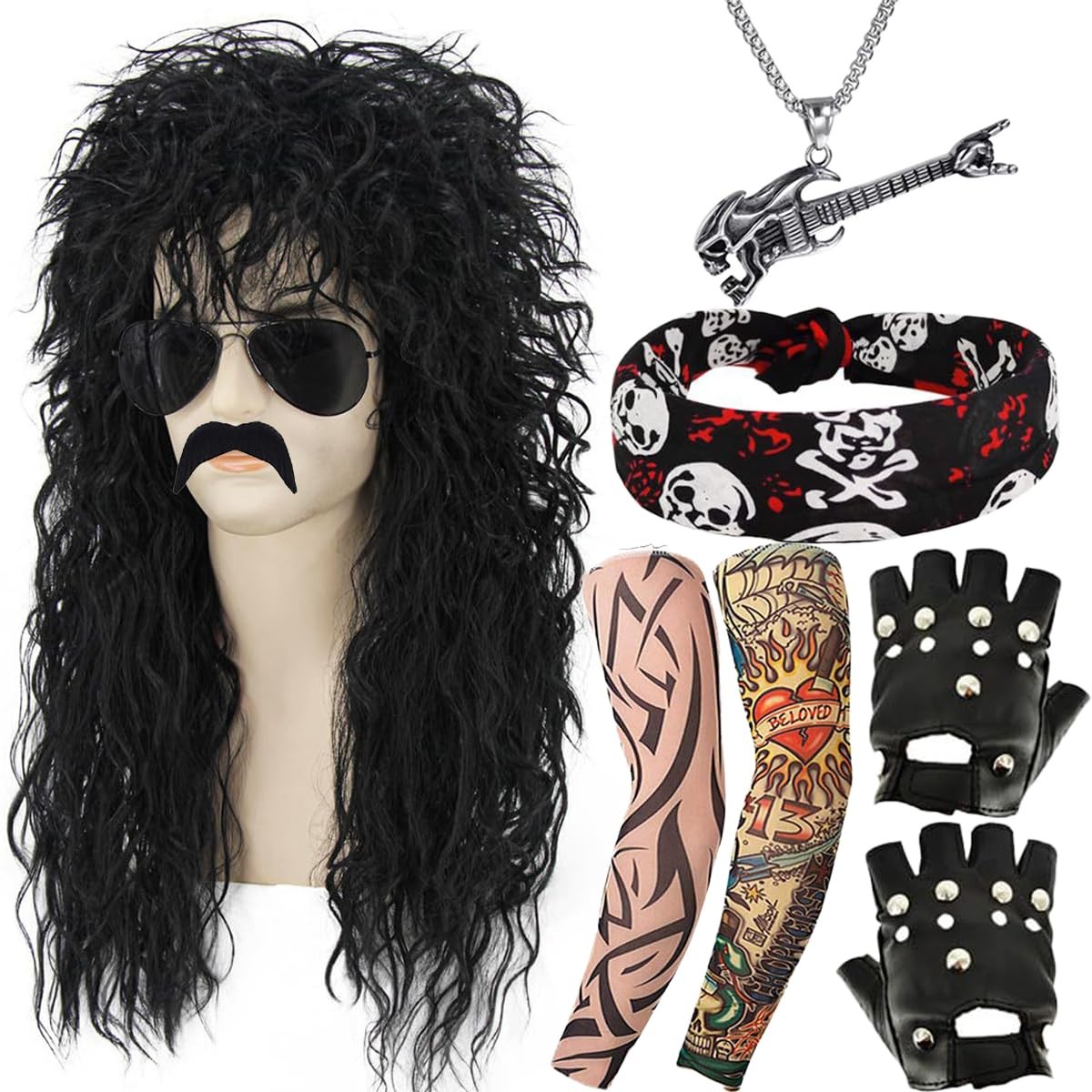 9 PCS 70s 80s 90s Rocker Costume Outfit Accessories with Black Curls Wig