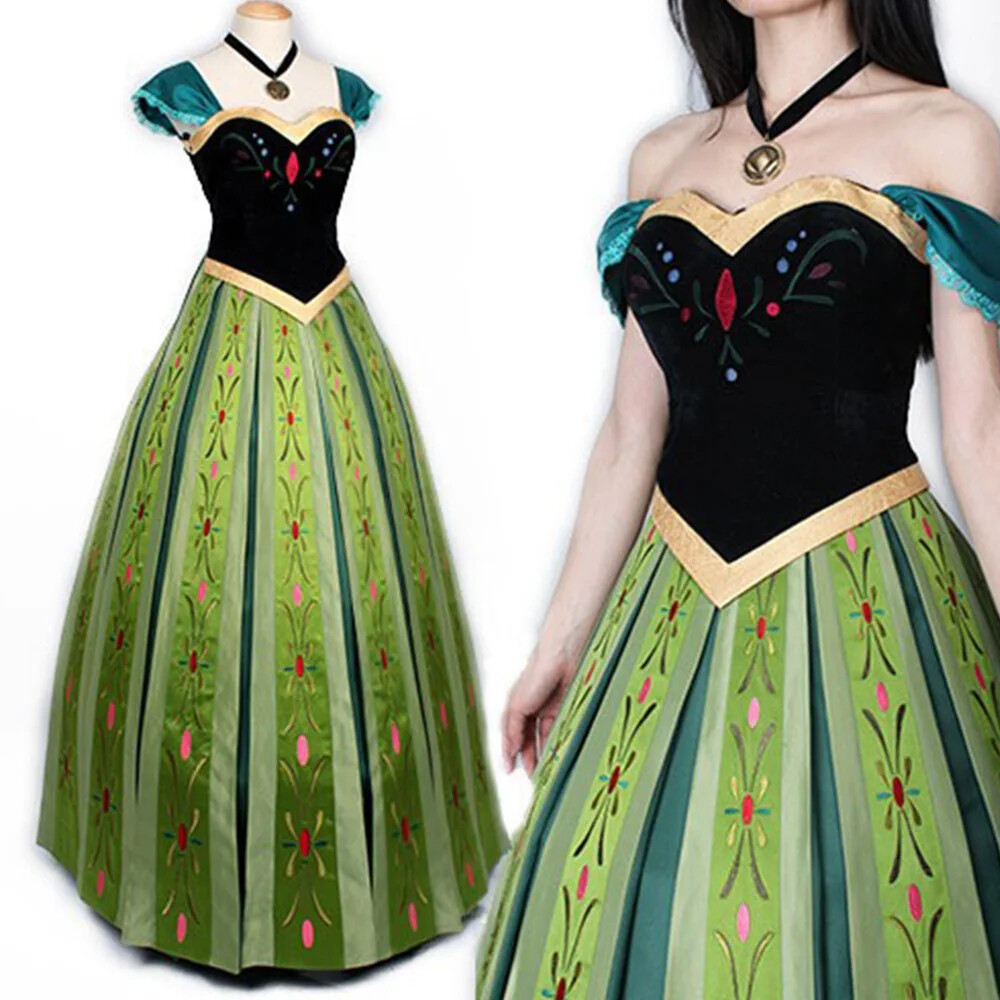 Princess Anna Cosplay Costume Women Carnival Party Dress Necklace Suit Anna Wig