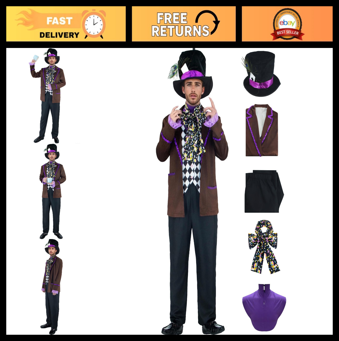 Men’s Mad Hatter Costume Set – Tea Party Outfit with Jacket, Top Hat, Pants & Co