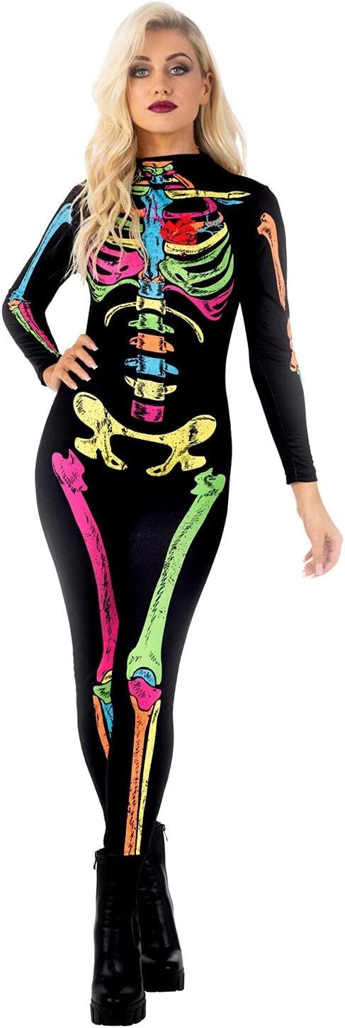 Womens Rainbow Skeleton Jumpsuit Ladies Colored Halloween Bodysuit Costume