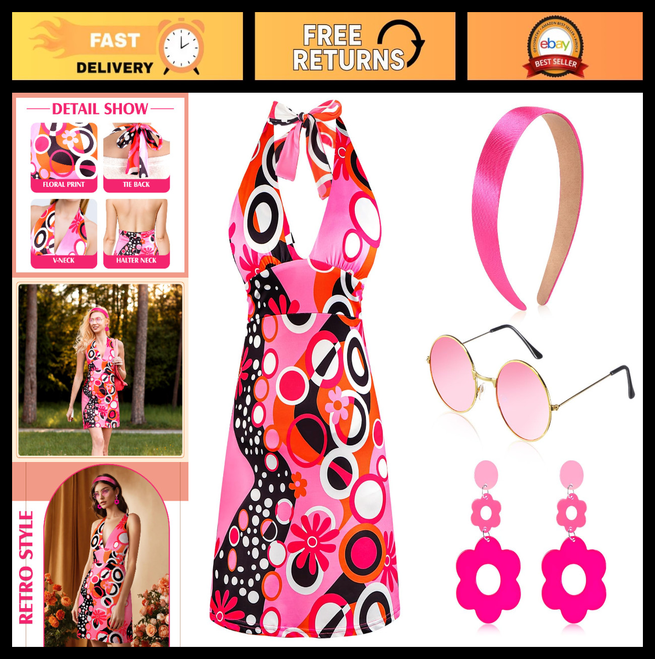 4 Pcs Retro Disco Outfit for Women – 60s 70s 80s Hippie Costume Accessories