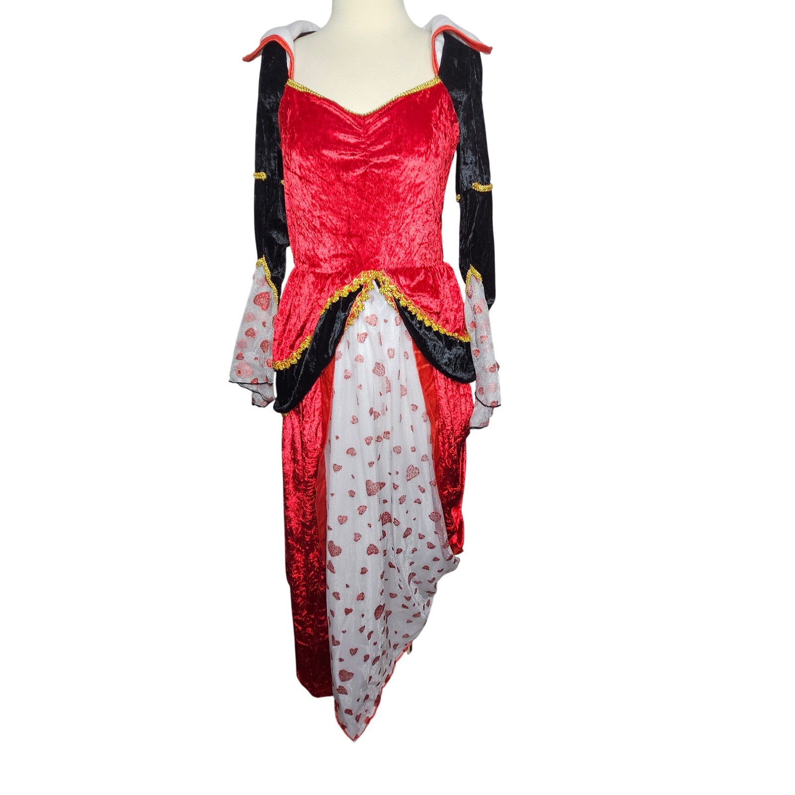 Rubies Queen of Hearts Costume Dress Red Crushed Velvet Gold Trim Womens S M