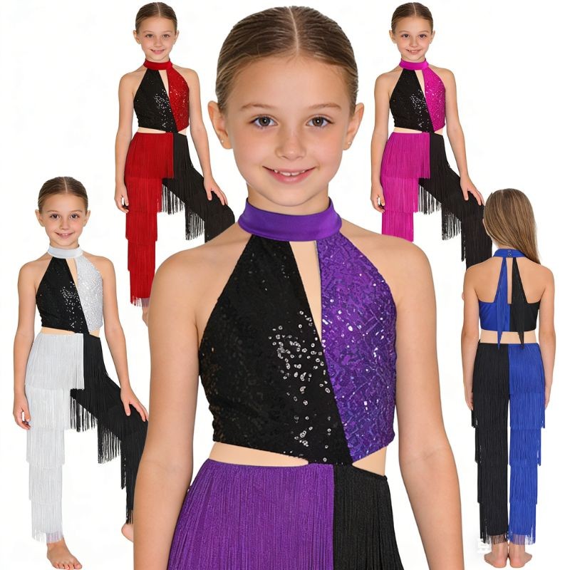 Kids Girls Sequins Fringe Tassel Jumpsuit Latin Jazz Dance Costume for Ballroom
