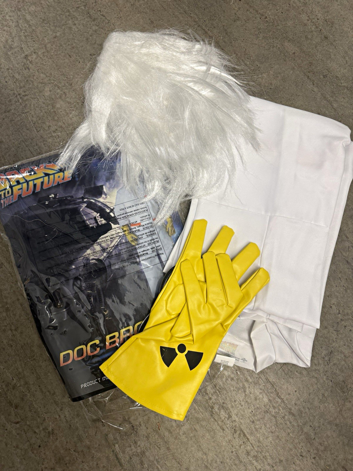 Back to the Future Doc Brown Costume Set LG White Jumpsuit Wig Goggles Gloves