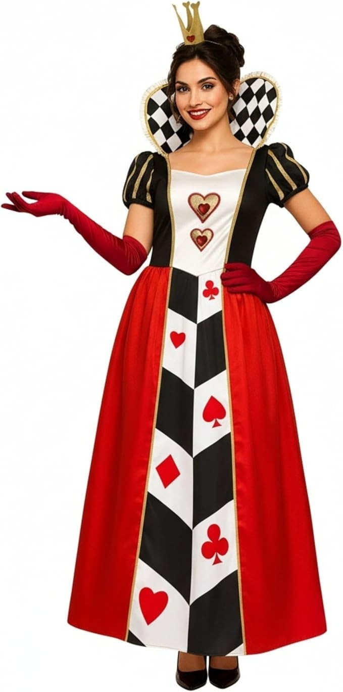 Women`s Long Queen of Hearts Costume Alice in Wonderland Dress & Gloves S – XXL